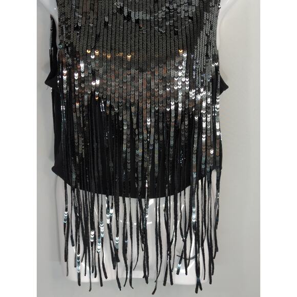 H&M Green Black Cascading Sequin Tassel Fringe Top Womens S Party Glam‎ Cropped - Picture 6 of 12